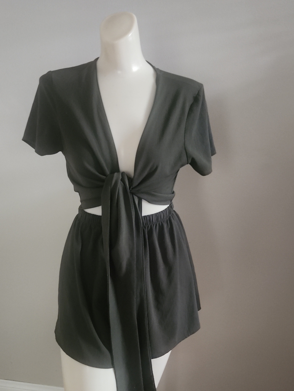 Tie-Front Short Set in Olive Green